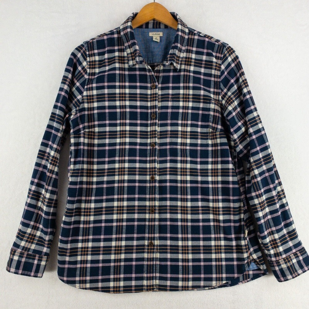 L.L. Bean Flannel Shirt Womens Medium Blue Pink Plaid Long Sleeve Soft